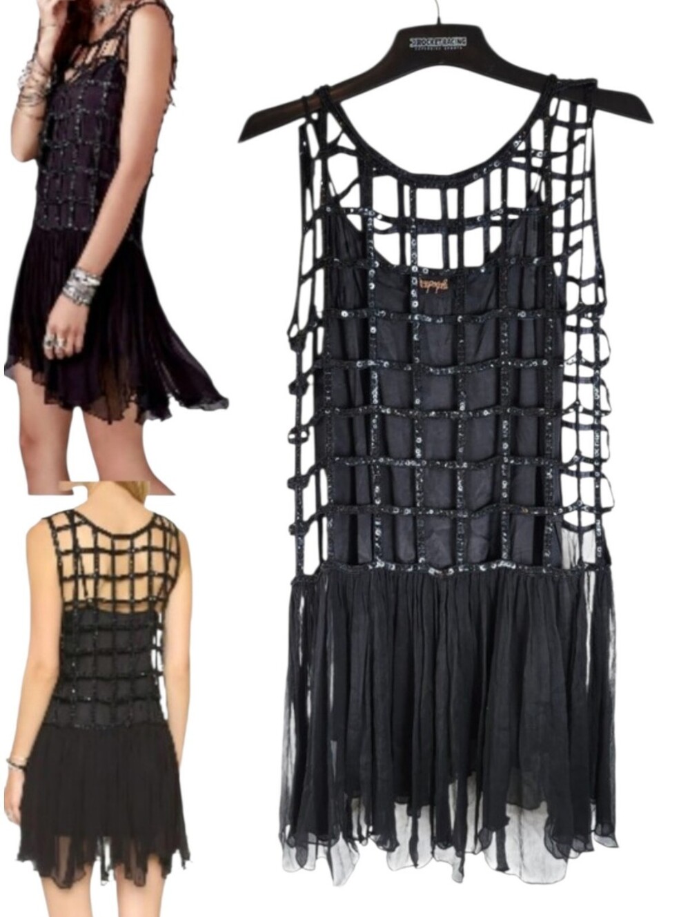 Free People Womens Caged Sequin Shell Drop Waist Dress Black Mini Cocktail S